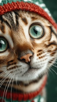 Cute tabby cat wearing a red knitted hat with striking blue eyes during winter holiday season photo