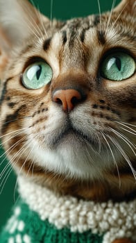 Unique close-up of a cute cat wearing a festive sweater against a green background during a cozy indoor moment photo