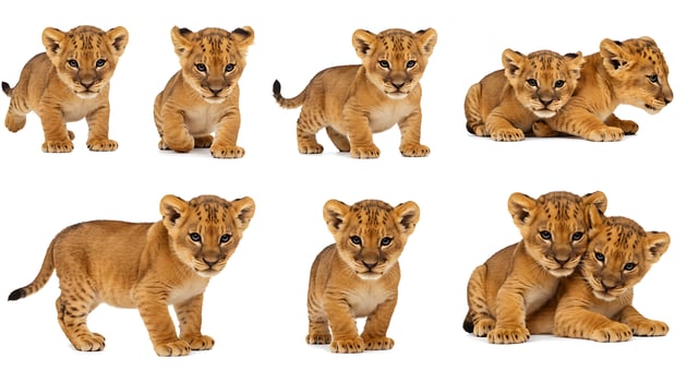 Lion cubs in different poses on a white background photo