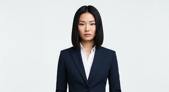 A woman in a business suit standing with her hands on her hips photo
