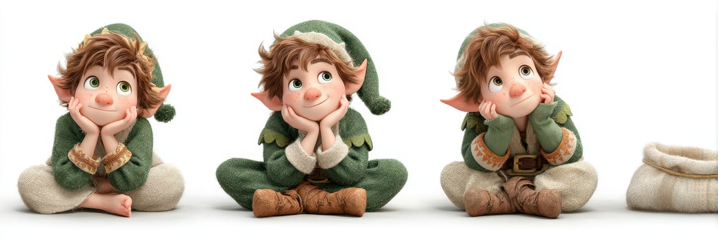 Three cheerful playful elves sitting and daydreaming during a festive winter celebration photo