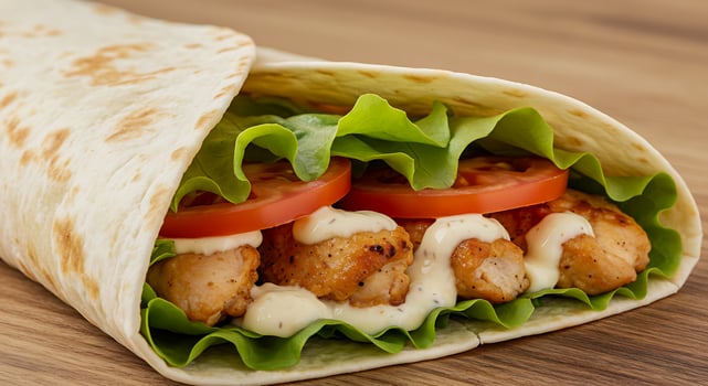 A chicken wrap with lettuce and tomatoes photo