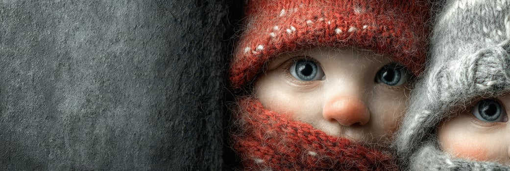 Two children bundled in warm winter hats with big expressive eyes looking curiously at the camera in a cozy setting photo