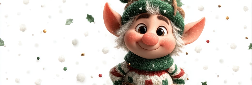 Small cheerful elf with a green hat and striped sweater in a festive winter setting surrounded by falling snowflakes photo