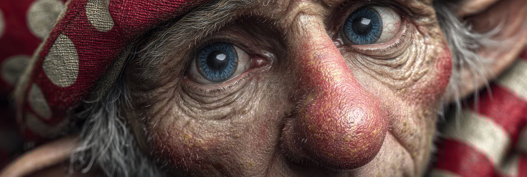 Detailed close-up of an old character with striking features, wearing a colorful hat photo