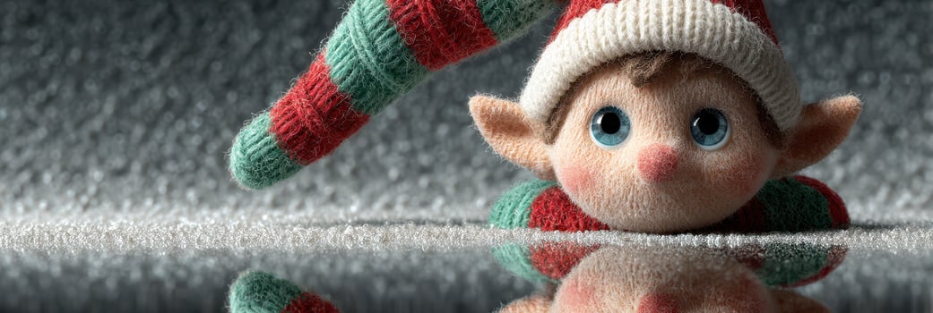 Cute elf with big eyes hides behind a festive background while reflecting on the surface during a holiday setting photo