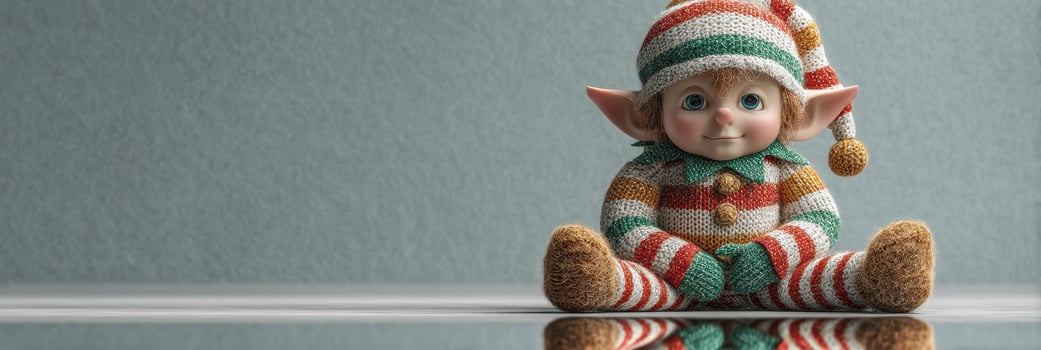 Adorable knitted elf doll sitting on a reflective surface in cozy indoor setting photo