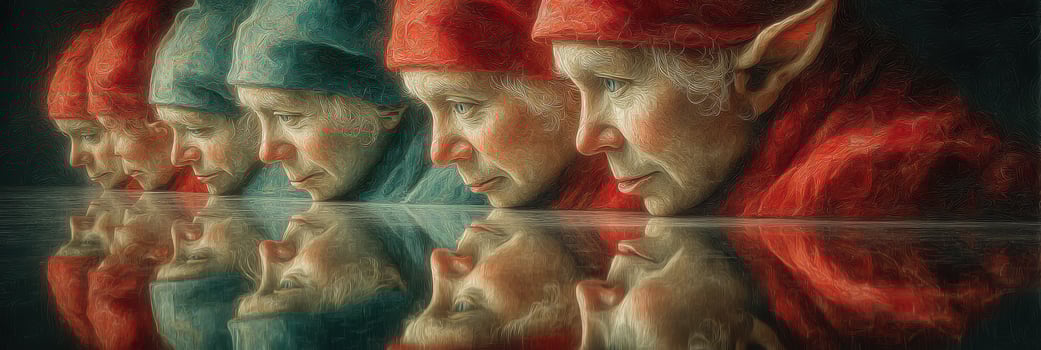 Elderly figures reflecting in still water, showcasing thoughtful expressions and vibrant colors at dawn photo