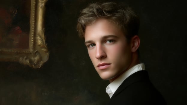 Portrait of a young man in a formal outfit with a serious expression in a dimly-lit setting photo
