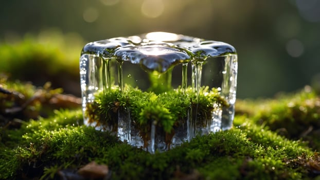 Melting ice cube on vibrant green moss in forest sunlight, symbol of seasonal change, freshness and spring awakening photo