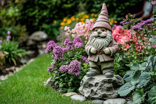Gnome statue is standing on a rock in a garden photo