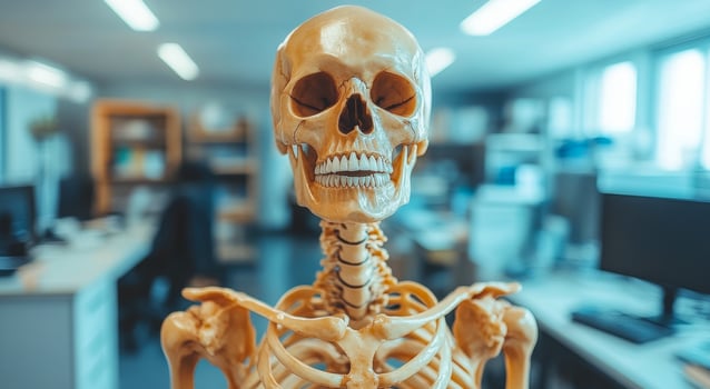 Human skeleton in a classroom setting. A detailed human skeleton model stands in a bright classroom, surrounded by desks and educational materials. photo