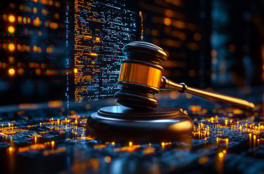 Tech in modern justice. A gavel rests on a digital background filled with glowing data, symbolizing the intersection of law and technology. photo