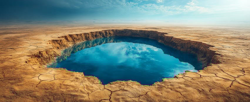 Odd water-filled crater. A striking water-filled crater reflects clouds in a barren, cracked earth landscape under a clear blue sky. photo
