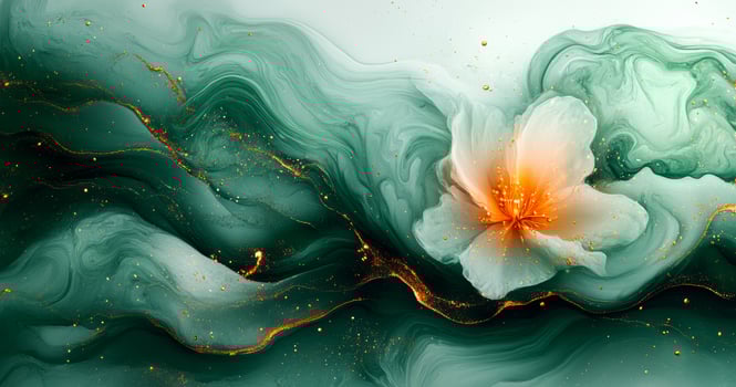 Colorful floral design with gold. Flowing green and white swirls blend with a striking orange flower, creating a harmonious and vibrant composition. photo