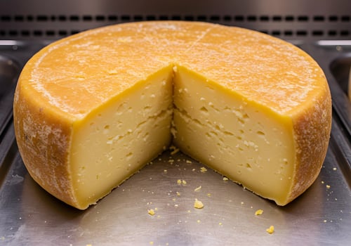 Cheese Wheel with Slice Removed on Metal Surface photo