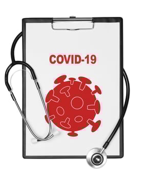 Clipboard with stethoscope, with covid-19 virus info photo