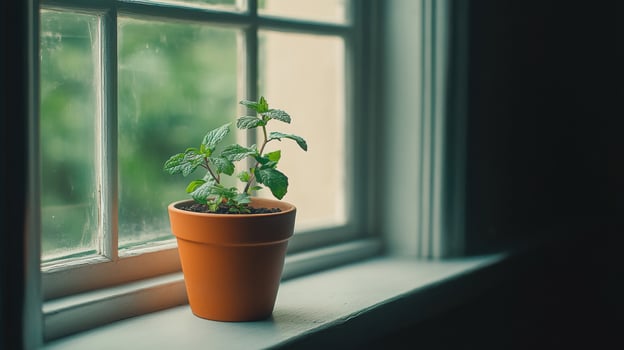 Small Green Plant in Terracotta Pot on Windowsill photo