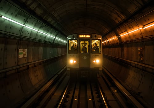 Subway train in dark tunnel photo