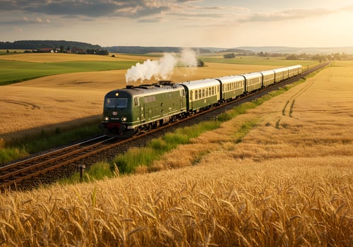 Vintage train through golden wheat fields photo