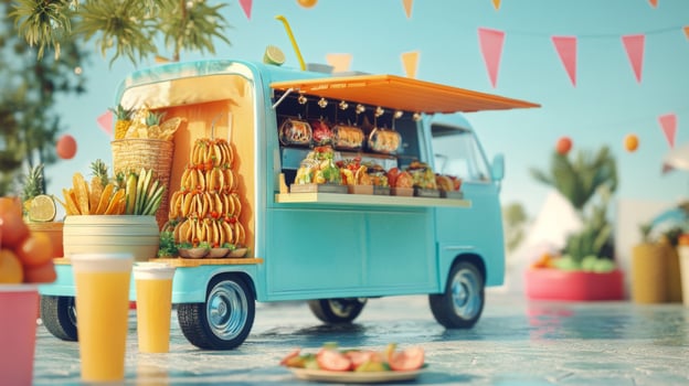 Bright Blue Food Truck at Summer Beach Party photo