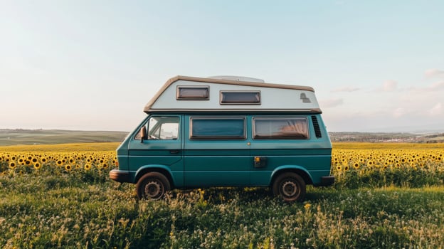 Teal Vintage Camper Van Parked in a Sunflower Field photo