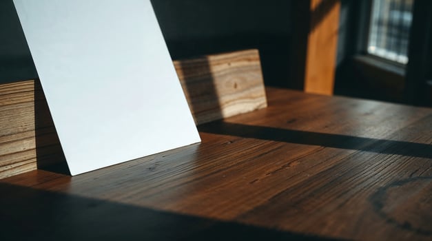 A photo of a wooden desk and paper. High contrast, deep shadows, and visible wood grain create a moody, urban style.
