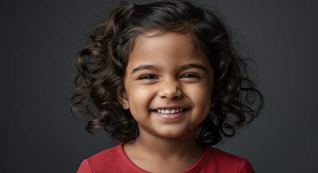 Adorable Little Girl with Curly Hair Smiles Brightly at the Camera photo