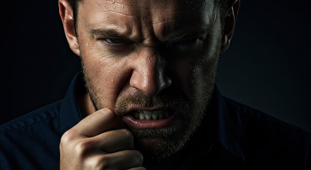 Angry man portrait expressing rage and frustration with clenched fist photo