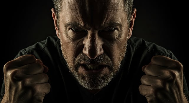 Angry middle-aged man shows rage with clenched fists and intense stare photo