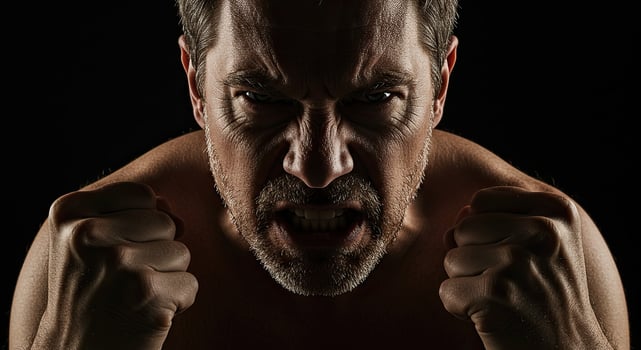 Angry middle aged man with clenched fists shows rage and aggression photo