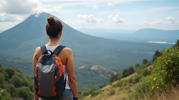 A woman with a backpack looking at the mountains photo