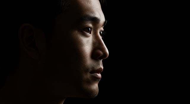 Asian man portrait in profile with dramatic lighting and dark background photo