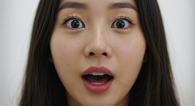 Asian woman with wide eyes and open mouth expressing surprise closeup photo