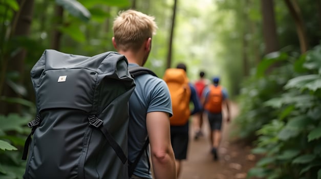 A group of people walking through a forest with backpacks photo
