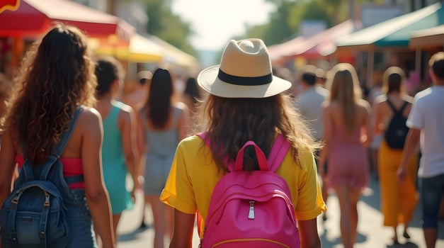 A woman with a backpack walking through a crowded market photo
