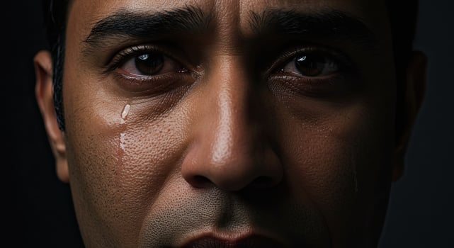 Close up of a sad Indian man with tears expressing emotional pain photo