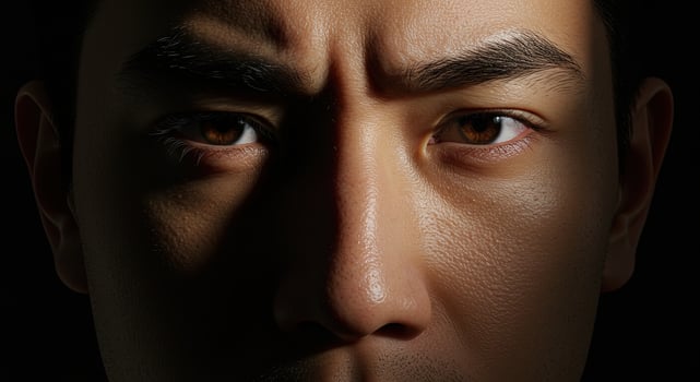 Close up of a serious Asian man's face in shadow displaying emotion photo