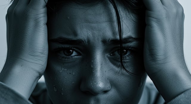 Close up of a young woman with tears and hands on her head in despair photo