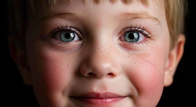 Close up portrait of a cute tearful child with blue eyes smiling slightly photo
