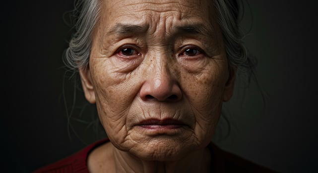 Close up portrait of a senior Asian woman showing sadness and emotion photo