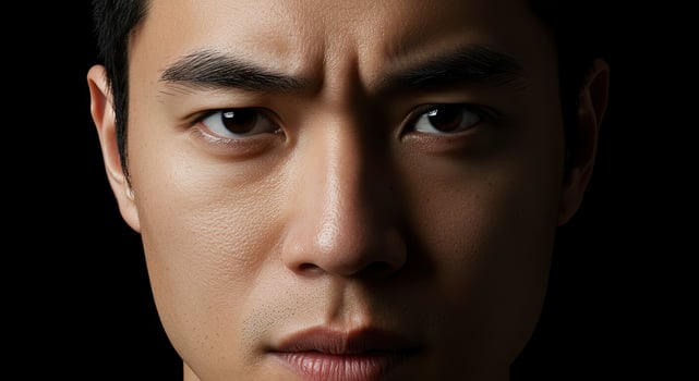 Close-up portrait of a serious Asian man with furrowed brows looking at camera photo