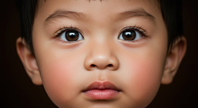 Close-up portrait of a young Asian boy with beautiful brown eyes photo