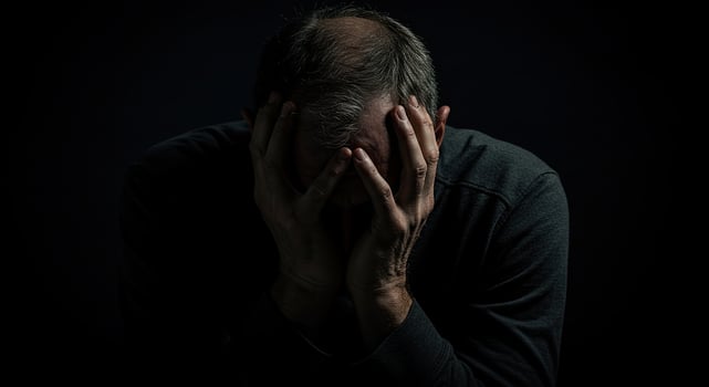 Depressed middle-aged man covers his face with hands in despair alone photo