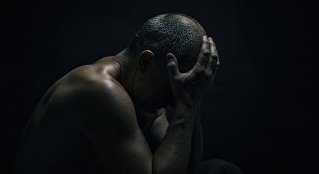Depressed middle aged man with hands on head expressing desperation photo