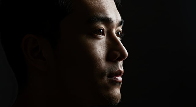 Dramatic side portrait of a young Asian man with strong facial features photo
