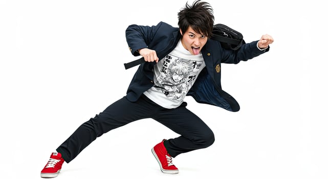 Energetic Japanese Student Leaps Forward with Playful Expression and Red Shoes photo