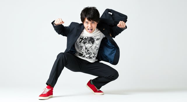 Energetic Japanese student in uniform jumping with enthusiasm and joy photo