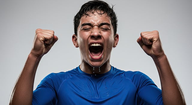 Exuberant young man celebrates with fists raised and triumphant shout photo