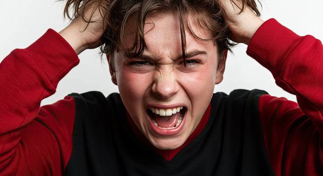Frustrated young adult pulling hair out screaming in anger and stress photo